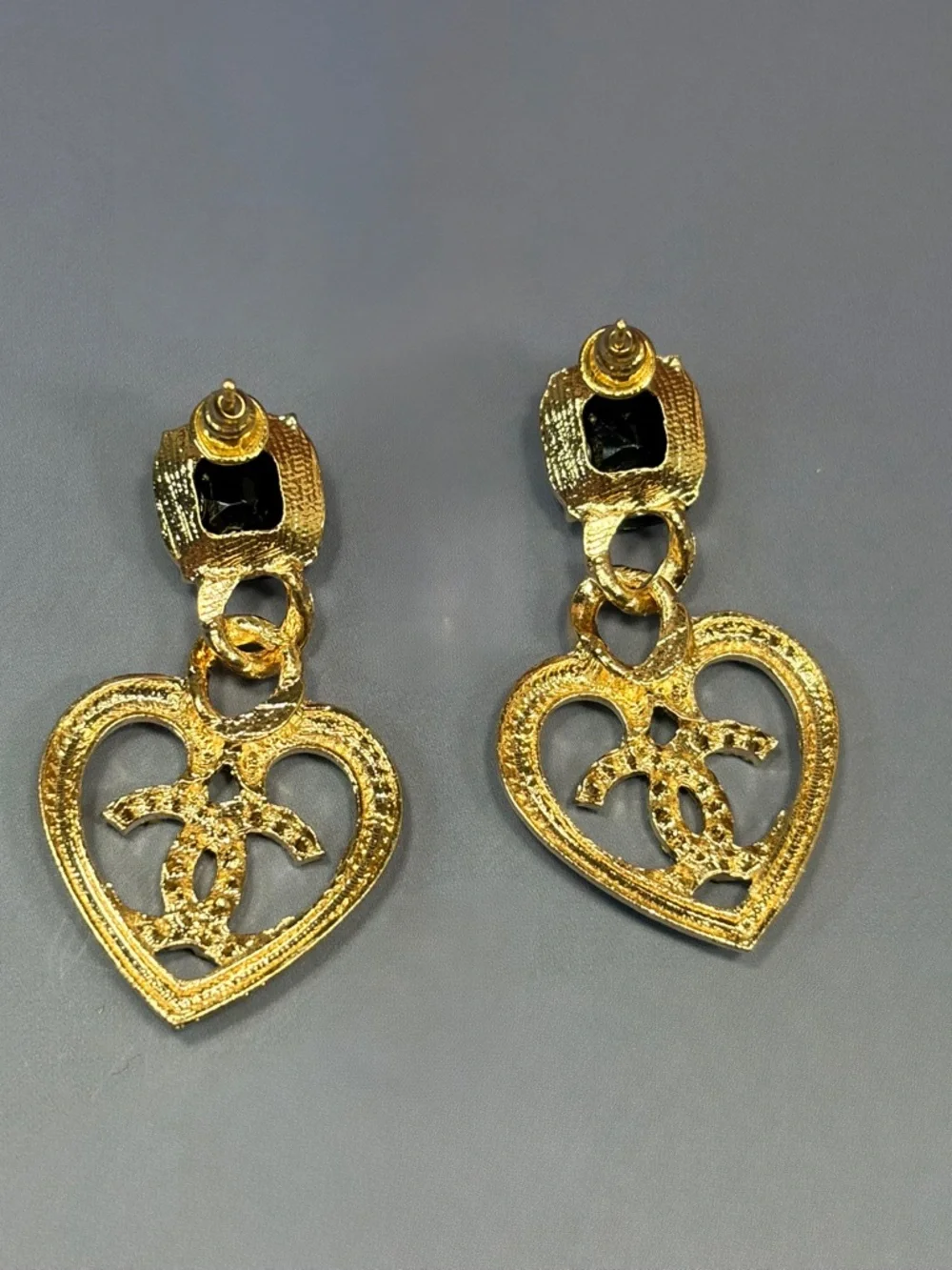 Classic Gold Tone Heart Drop Earrings with Black Stone and Crystal Accents